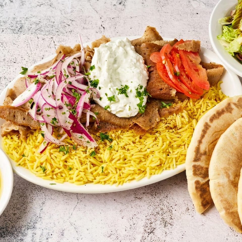 Middle Eastern platter with yellow rice, sliced meat, pita bread, tzatziki, onions, tomatoes, hummus, and salad.