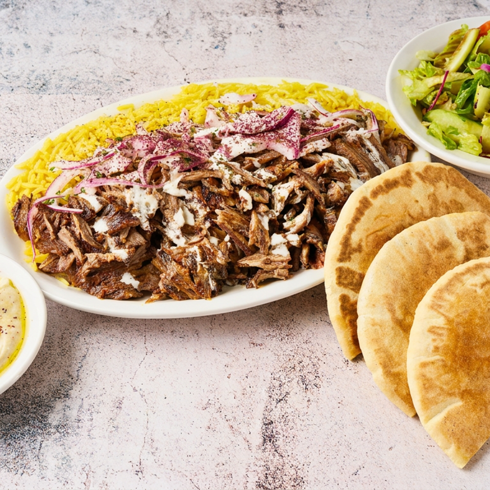 Mediterranean platter with shawarma, yellow rice, pita bread, hummus, and fresh salad on a rustic tabletop.