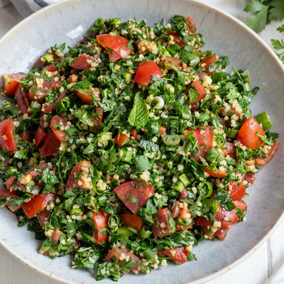 Bowl of tabbouleh salad with chopped tomatoes, parsley, mint, scallions, and bulgur on a white table.