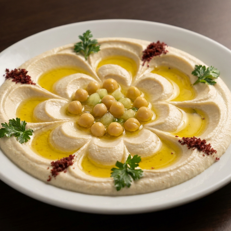 Creamy hummus arranged in a flower pattern with chickpeas, olive oil, parsley, and red spice on a white plate.