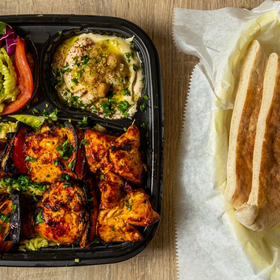 Grilled spiced chicken and vegetables with salad, hummus, and pita bread arranged in a black takeaway tray.
