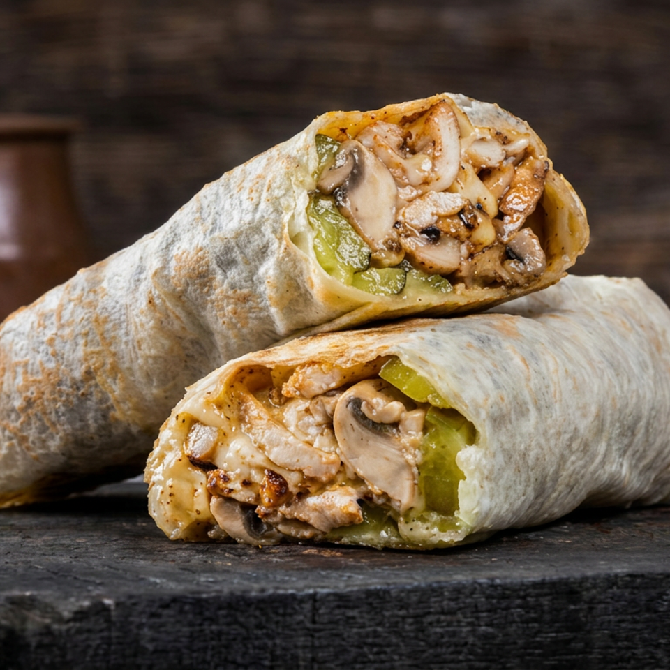Two toasted wraps filled with sliced chicken, mushrooms, green peppers, and sauce, stacked on a rustic wooden table.