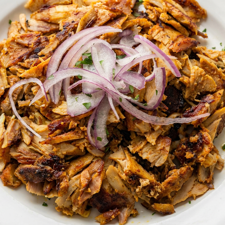 Plate of seasoned golden-brown shredded chicken topped with sliced red onions and chopped parsley.