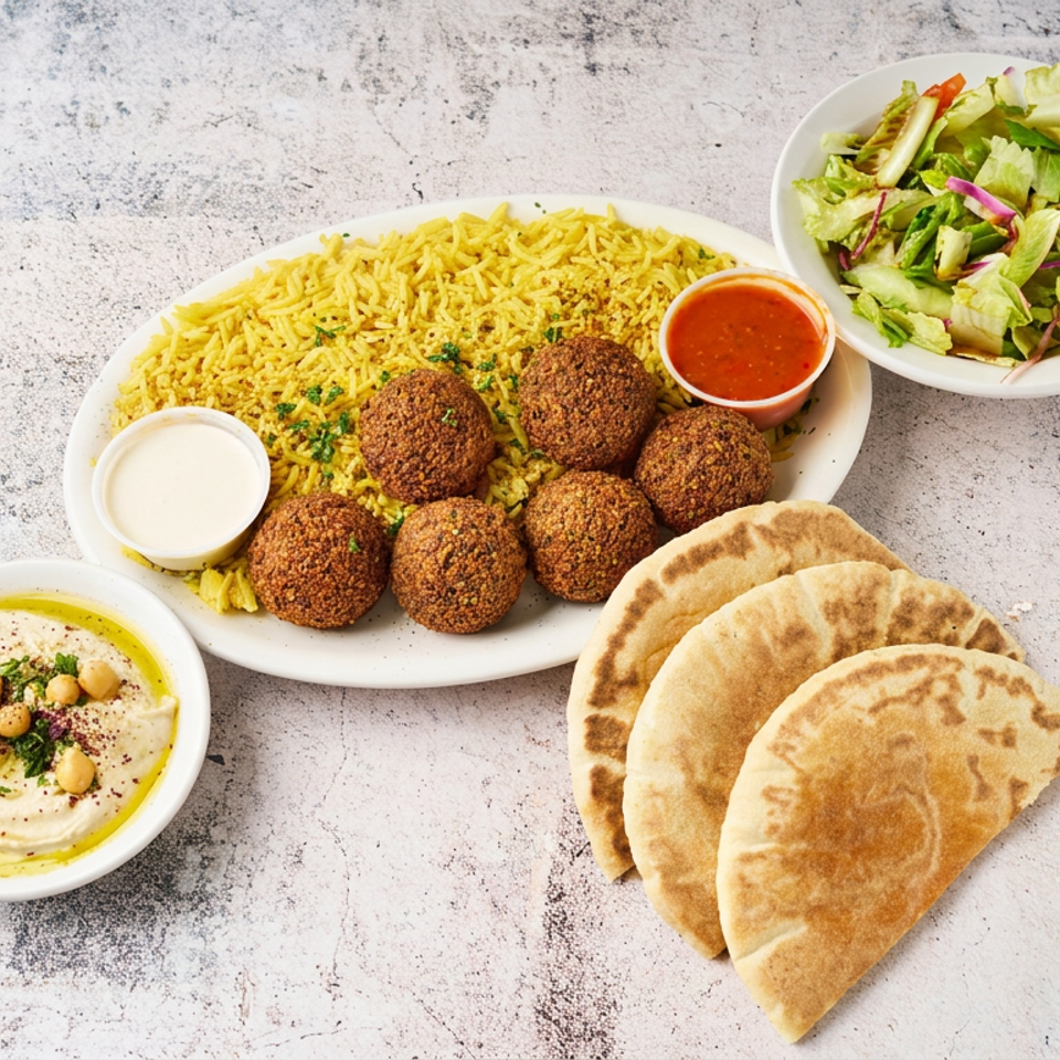 Middle Eastern meal with falafel, yellow rice, pita bread, hummus, salad, and dipping sauces on a white tabletop.