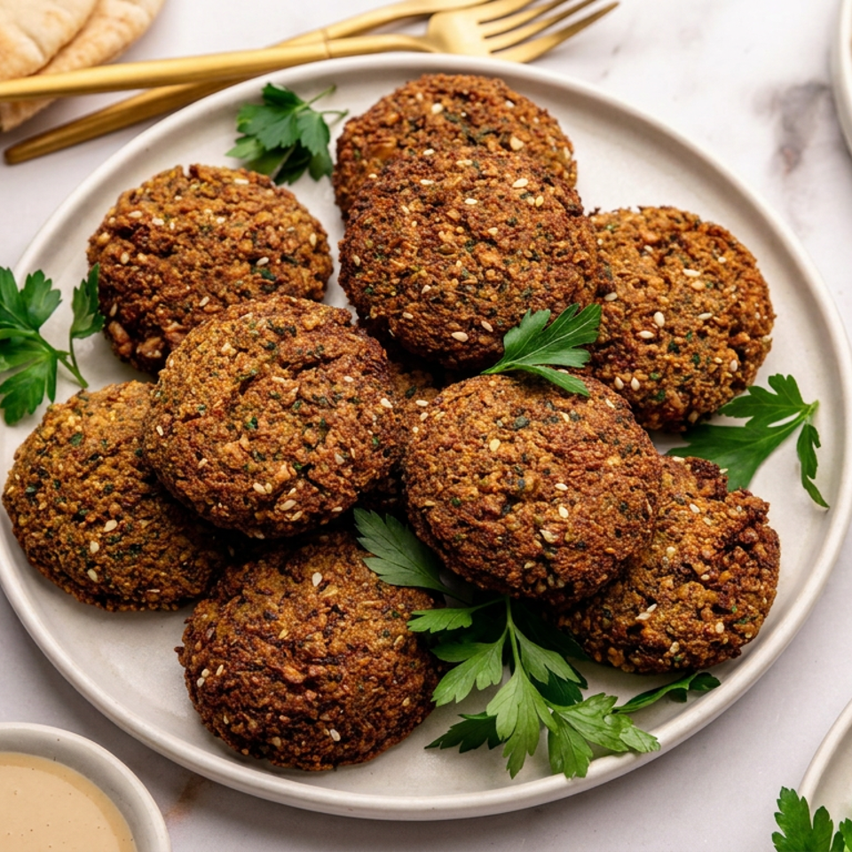 Plate of golden falafel garnished with parsley, surrounded by pita bread and tahini sauce on a marble table.