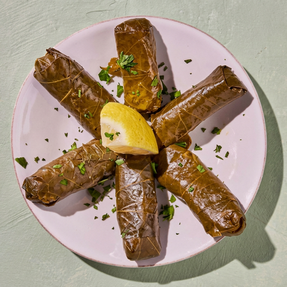 Six stuffed grape leaves arranged around a lemon wedge on a pink plate, garnished with chopped parsley.
