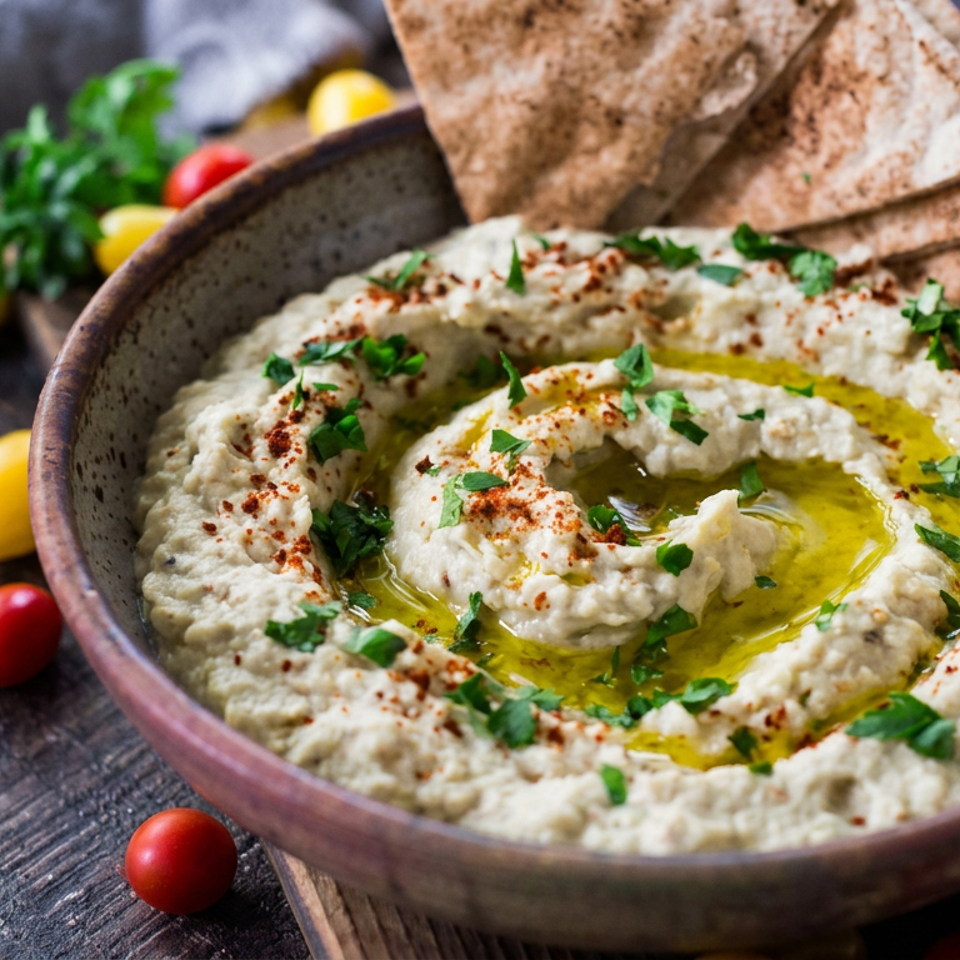 Bowl of hummus topped with olive oil, parsley, and paprika, served with pita wedges, tomatoes, and lemons.